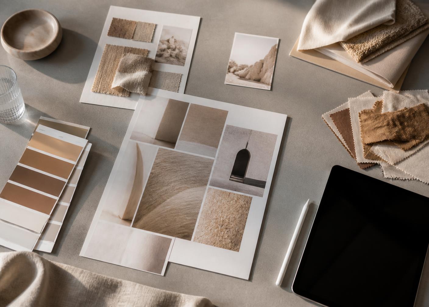 Creative studio table with mood boards and material swatches